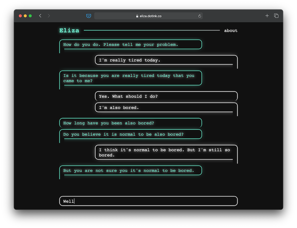 A screenshot of Eliza&rsquo;s web interface