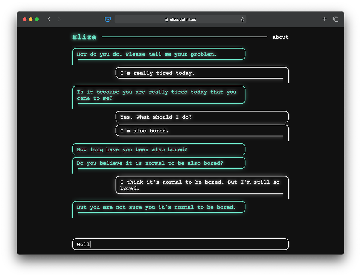 Screenshot of Eliza running in a browser