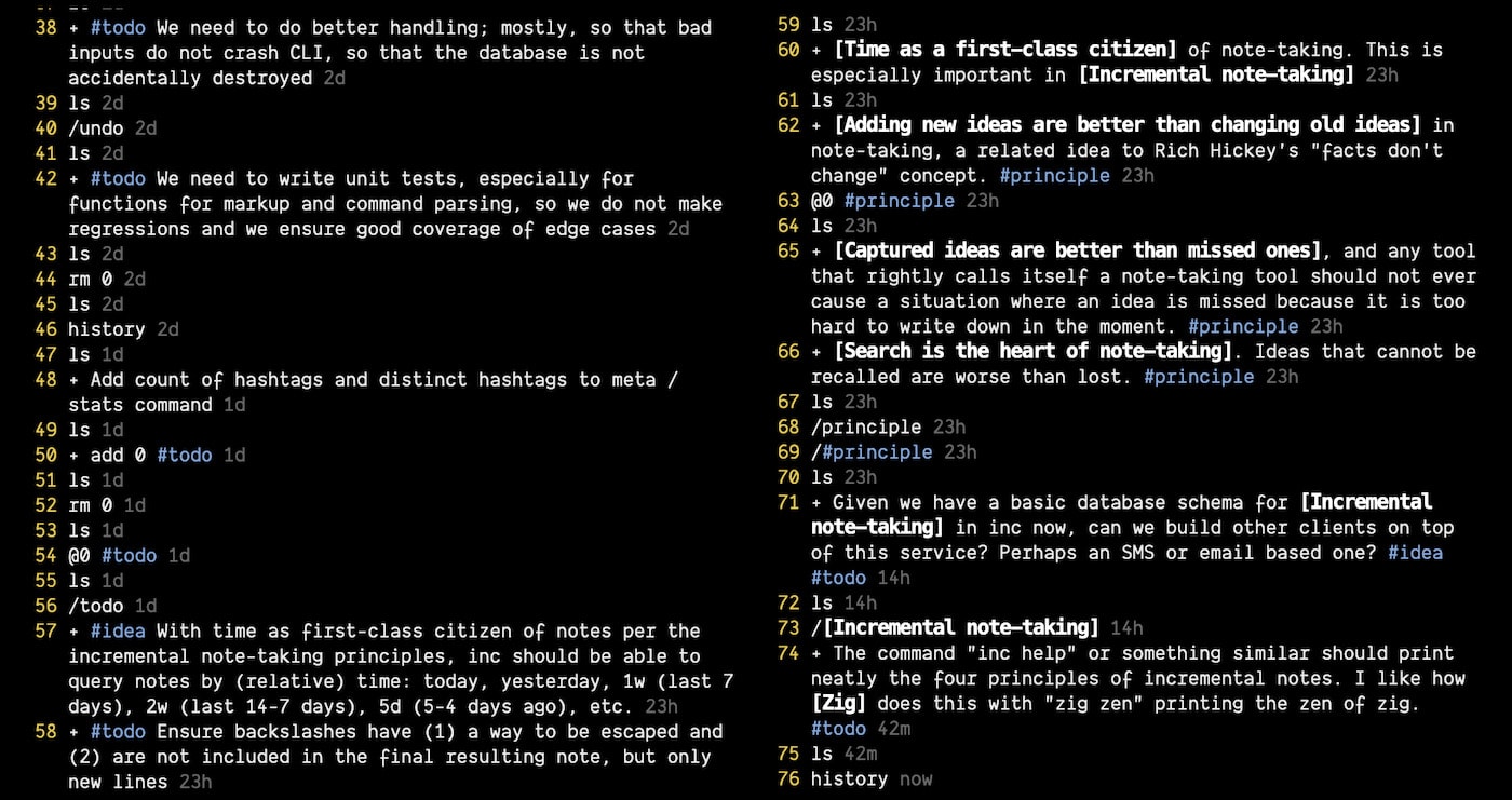 A screenshot of Inc&rsquo;s history feature to see a timeline of my note-taking history