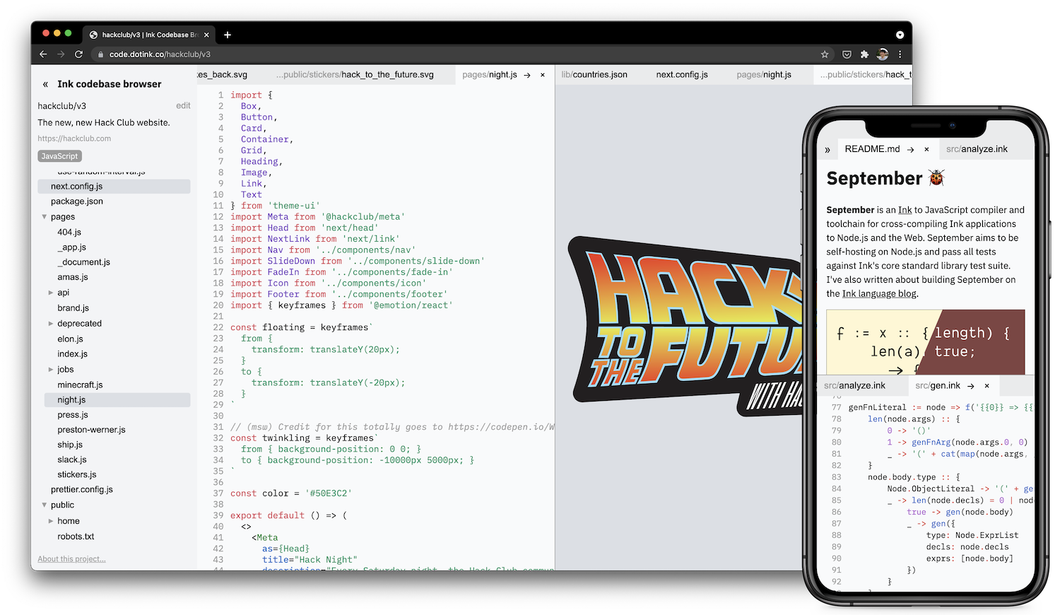 Screenshots of Ink codebase browser running on a browser window and an iPhone