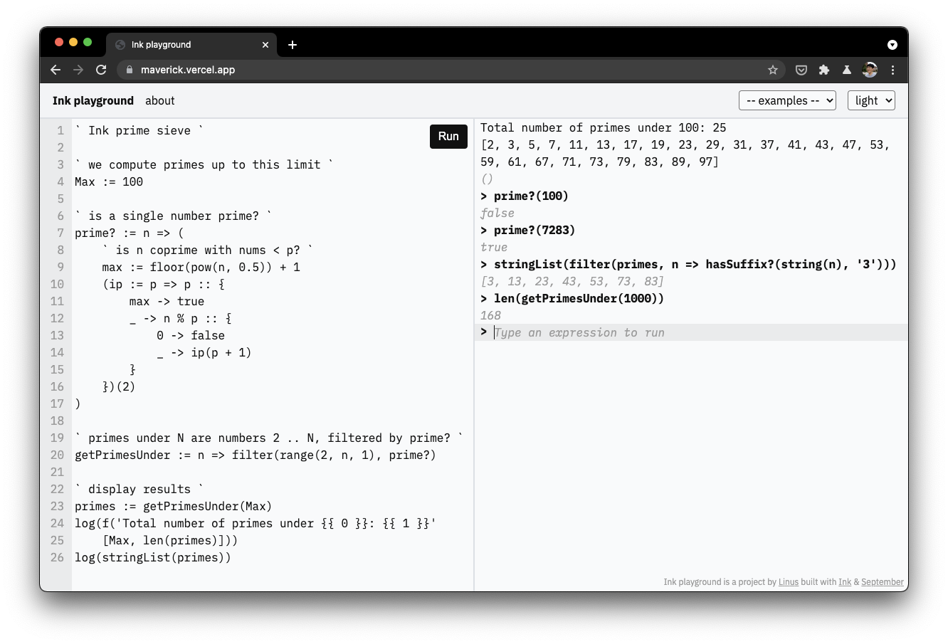 Screenshot of Ink playground running a prime sieve program