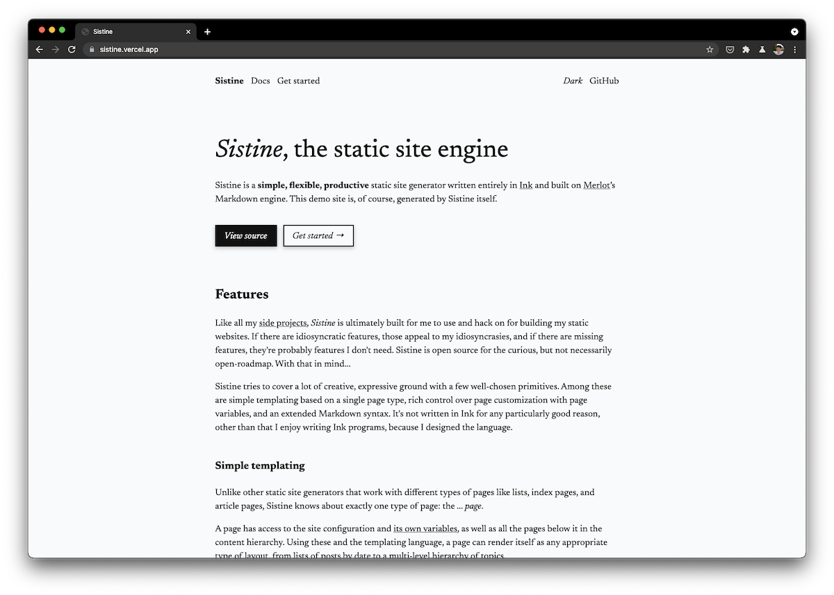 Screenshot of Sistine&rsquo;s documentation site, built with Sistine